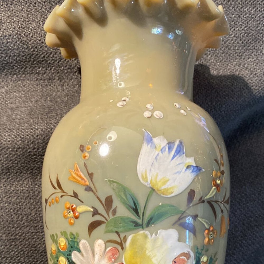 Antique Victorian Bristol Hand Blown & Painted Glass Vase Chocolate Floral NICE
